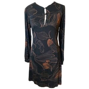 Park Vogel Abstract Leaf Print Black Brown Tie Waist Dress Size 2